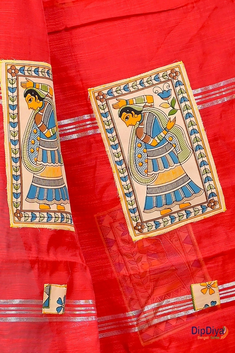 Red Cotton Blended Parija Applique Saree (318)